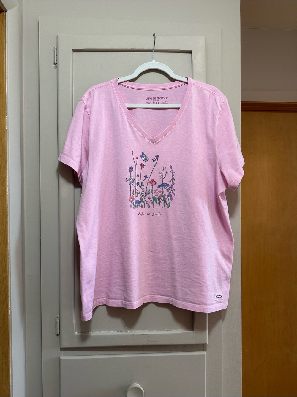 Life Is Good Pink Short Sleeve V-Neck Tee with Floral Print